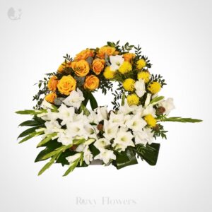 Coroană funerară cu trandafiri și gladiole