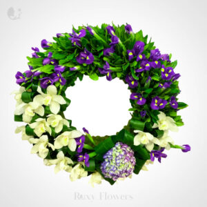 Coroana funerara cu iris si cymbidium