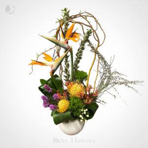 Aranjament floral cu strelitzia și leucospermum - Paradis Floral