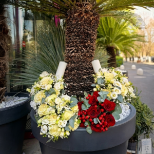 Pachet cu flori nuntă/ cununie cu trandafiri, frezii și eustoma